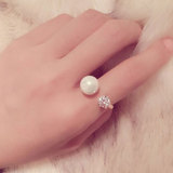 日韩开口复古大珍珠戒指女 时尚镶钻18K玫瑰金食指可调节指环饰品