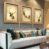 欧式客厅装饰画三联画沙发背景墙画餐厅挂画美式玄关画油画发财鹿