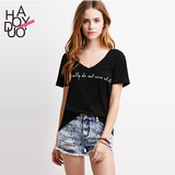 Haoduoyi2016春夏新款   欧美简约性感V领 个性字母印花短袖女T恤