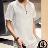 男士短袖衬衫套头亚麻韩版修身青年大码衬衣 日系复古纯色V领上衣