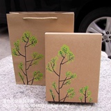 手绘中国风绿荫树进口牛卡纸盒子茶叶礼物礼品大号包装盒手提袋