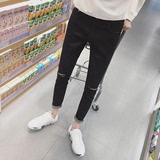 2016春夏新款 韩版男士水洗破洞设计青少年修身小脚九分牛仔裤潮