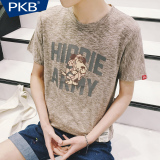 PKB青少年字母印花短袖T恤男韩版夏季宽松圆领贴布装饰休闲体恤衫