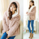 冬季品牌女装韩国东大门女装保暖加厚中长款大衣粉色羊羔毛毛外套