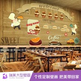 欧式复古木纹墙纸 面包蛋糕卡通人物壁纸餐厅咖啡店无缝大型壁画