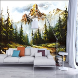 3D大型无缝壁画油画风格欧洲森林山峰客厅卧室电视背景墙壁纸墙纸