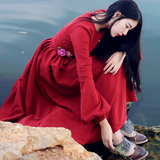麦叙原创2016春季新款复古贴花红色连衣裙A字修身罗马棉长裙子女