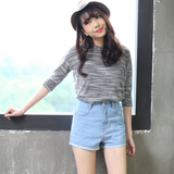 纯曼琳2016夏季新款 韩版修身显瘦提臀浅蓝色高腰牛仔短裤女热裤