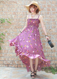 韩国原单夏长款吊带裙沙滩裙大长裙紫色高腰花朵前短后长连衣裙子