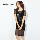 Westlink/西遇2016春季新款 套头字母印花中长款两件套短袖连衣裙