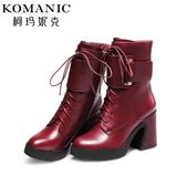 柯玛妮克/Komanic 冬季系带防水台女鞋 魔术贴金属扣中筒靴K57070