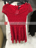 HM H&M女装专柜正品代购 红色后拉链圆领修身蕾丝连衣裙原价199