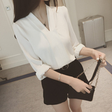 2016夏季韩国新款显瘦V领上衣白色雪纺衬衫纯色职业长袖女士衬衣