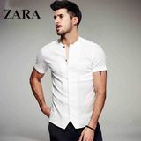 香港代购ZARA男装夏季男士短袖圆领衬衫亚麻男式衬衣2016新款衣服