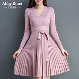AR2016秋装新款时尚复古性感粉色针织长袖连衣裙修身显瘦百褶裙女