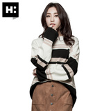 H:CONNECT韩版时尚女款条纹拼接针织衫BF风宽松毛衣2016春季新款