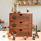 做旧木盒 三层抽屉式木柜 首饰收纳盒 皇冠英文图案收拾盒 整理柜