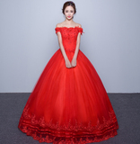 一字肩领红色婚纱礼服2016夏韩式显瘦宫廷甜美新娘结婚婚纱齐地女