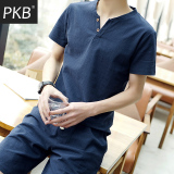 男装夏季男士v领亚麻短袖T恤男韩版潮日系纯色棉麻修身半袖衣服