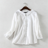 外贸原单韩版女装春装新款甜美修身大翻领灯笼袖长袖打底白色衬衫