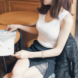 UM韩国代购现货夏季蕾丝拼接高腰针织半身裙黑色包臀侧开叉短裙