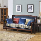 美式乡村皮布沙发组合 欧式3人单人实木U形沙发 客厅真皮沙发椅子