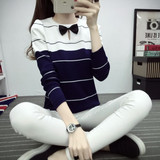 春季新品女小衫学生韩版修身显瘦圆领长袖条纹T恤上衣打底针织衫