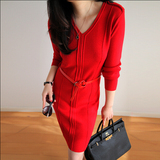 香港正品代购秋冬新款V领修身显瘦羊毛裙针织红色长袖打底连衣裙