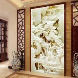 欧式玉雕山水玄关壁纸3D立体过道走廊浮雕竖版壁画客厅背景墙墙纸