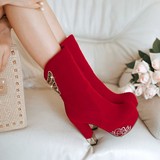 秋冬季红色粗跟婚鞋新娘鞋高跟鞋子冬天婚靴水钻鞋短靴结婚女靴子