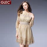 GLEC欧美大码女装 2016春装新款200斤胖mm天丝雪纺贴花显瘦连衣裙