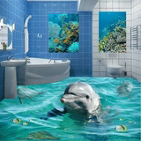 美佳创意3D浴室可爱海豚海底世界客厅卧室自粘地板壁画墙纸 包邮