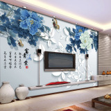 现代新中式青花瓷蓝色背景墙牡丹花开富贵满堂3d蝴蝶无缝壁纸壁画