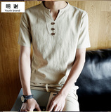 男士亚麻短袖T恤夏季大码男装修身半袖青年纯色棉麻中国风v领上衣