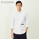 太平鸟男装七分袖衬衫夏季纯色简约白色上衣男士纯棉修身中袖衬衣