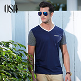 OSA欧莎男装2016夏装新款男士短袖T恤 条纹撞色V领t体恤 B11043