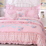 韩国公主床品 全棉蓝粉色立体花朵被套 韩式花边床罩 纯棉四件套