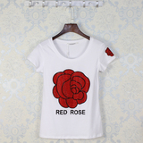 卡玛娅2016夏季女款短袖T恤衫女印花烫镶钻玫瑰花弹力半袖T恤8657
