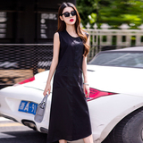 2016夏季韩版欧美风大码直筒显瘦无袖中长款背心连衣裙一步裙纯色