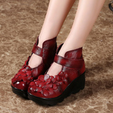 复古靴子短靴真皮坡跟春秋新款女靴民族风红色花朵女士皮靴裸靴潮