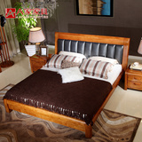 A家家具 复古新中式带真皮软靠1.8米纯实木双人床全实木卧室婚床
