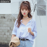 2016夏季韩版学生蓝色竖条纹v领短袖衬衫女 宽松显瘦半开领衬衣潮