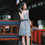 2016夏季新款韩国原单面料超美菱形格子系带吊带露肩连衣裙