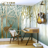 千贝 麋鹿树林个性森林壁画 客厅抽象壁纸 做旧绿色满铺复古墙纸