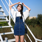 2016夏季时尚韩版学院风单排扣休闲显瘦包臀牛仔背带裙