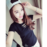 韩国ulzzang夏装女装小性感领口镂空显瘦短袖套头t恤打底衫上衣潮