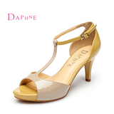 Daphne/达芙妮2015专柜正品 高跟漆皮撞色鱼嘴包跟凉鞋1015303006