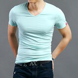 夏季青年韩版休闲体恤修身V领T恤男版短袖纯色纯棉潮牌男装打底衫