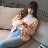 2016韩版毛衣女秋装新款宽松针织衫开衫大码厚粉色短款毛衣外套