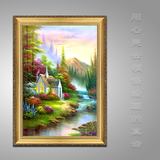 托马斯山水风景油画小溪流水纯手绘有房过道竖挂画客厅玄关装饰画